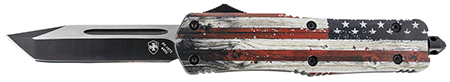 [093674807341] Templar Knife LWUS231 Gen II Wood US Flag Large 3.50" OTF Tanto Plain Black Oxide Stonewashed 440C SS Blade, 5.25" Painted Wood Grain US Flag Aluminum Handle, Glass Breaker