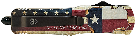 [093674808607] Templar Knife LTX631 Gen II Texan Large 3.50" OTF Drop Point Part Serrated Black Oxide Stonewashed 440C SS Blade, 5.25" Texas Flag Aluminum Handle, Glass Breaker