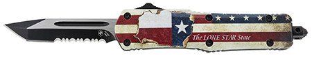 [093674808805] Templar Knife STX-531 Texan Gen II Small 2.25" OTF Tanto Part Serrated Black Oxide Stonewashed 440C SS Blade/ 4.31" Texas Flag Aluminum Handle Features Glass Breaker Includes Pocket Clip/Sheath