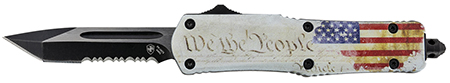 [093674809345] Templar Knife SWTP531 Gen II We The People Small 2.25" OTF Tanto Part Serrated Black Oxide Stonewashed 440C SS Blade, 4.31" White w/Flag  &  "We The People" Aluminum Handle, Glass Breaker
