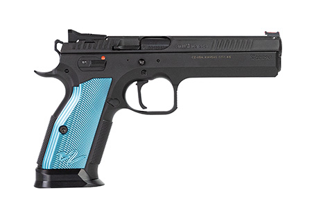 [806703912202] CZ-USA 91220 TS 2  9mm Luger 20+1 5.28" Blued Steel Barrel, Black Serrated Steel Slide, Black Polycoat Steel Frame w/Beavertail, Blue Checkered Aluminum Grip, Ambidextrous