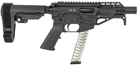 [856169007363] Freedom Ordnance FX9P4S FX-9  9mm Luger 31+1 4" Black Nitride Barrel w/Faux Suppressor, Black Hard Coat Anodized Aluminum Receiver, SB Tactical SBA3 Pistol Brace Stock, Black Polymer Grip