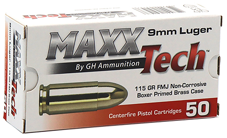 [3877000251476] MaxxTech PTGB9MMB Brass Pistol  9mmLuger 115gr Full Metal Jacket 50 Per Box/10 Case