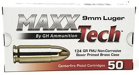 [3877000606221] MaxxTech PTGB912B Brass Pistol  9mmLuger 124gr Full Metal Jacket 50 Per Box/10 Case