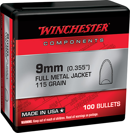 [020892634244] Winchester Ammo WB9MC115X Centerfire Handgun Reloading 9mm 115gr Full Metal Jacket Flat Base 100 Per Box/10 Case