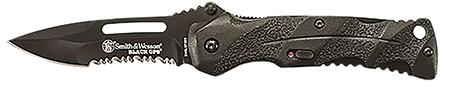 [028634702909] Smith  &  Wesson Knives SWBLOP2BSCP Black Ops  3.40" Folding Drop Point Part Serrated 4034 SS Blade Black Includes Pocket Clip