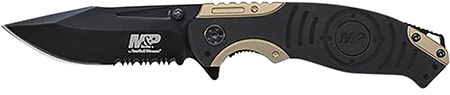 [028634709267] Smith  &  Wesson Knives SWP13BSCP M & P  3.50" Folding Drop Point Part Serrated Stonewashed 8Cr13MoV SS Blade/Black  &  Tan Aluminum Handle Includes Pocket Clip