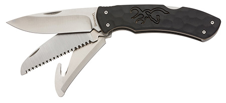 [023614964698] Browning 3220430 Primal Kodiak Slim 3.75" Folding Drop Point/Gut Hook/Saw 8Cr13MoV SS Blade Black Polymer w/Rubber Overmold Handle Includes Nylon Belt Pouch