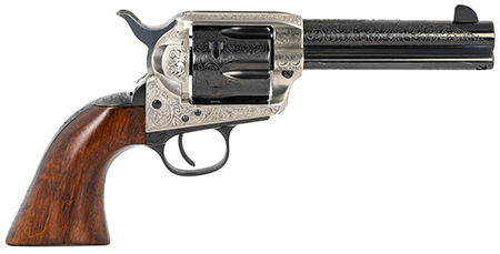 [839665000243] Taylors  &  Company 550925 1873 Cattleman 45 Colt (LC) Caliber with 4.75" Blued Floral Engraved Finish Barrel, 6rd Capacity Blued Finish Cylinder, Coin Photo Engraved Finish Steel Frame  &  Walnut Grip