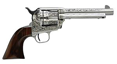 [810012512220] Taylors  &  Company 555160 1873 Cattleman Uberti 45 Colt (Long Colt) 6 Shot 4.75" White Engraved Round Barrel, Cylinder  &  Steel Frame, Black Polymer Navy Grip, Exposed Hammer