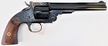 [810012512305] Taylors  &  Company 550643 Top Break Schofield 45 Colt (LC) Caliber with 7" Barrel, 6rd Capacity Cylinder, Overall Blued Engraved Finish Steel  &  Walnut Grip