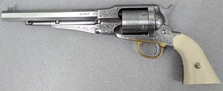 [810012512329] Taylors  &  Company 550763 1858 Remington Conversion 45 Colt (LC) Caliber with 8" Barrel, 6rd Capacity Cylinder, Overall Nickel-Plated Engraved Finish Steel  &  2-Piece Ivory Grip