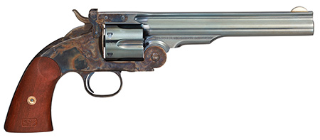 [810012510738] Taylors  &  Company 550651 Schofield Top Break 44-40 Win Caliber with 7" Charcoal Blued Finish Barrel, 6rd Capacity Charcoal Blued Finish Cylinder, Color Case Hardened Finish Steel Frame  &  Walnut Grip
