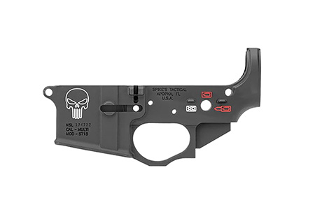 [815648021757] Spikes Tactical STLS015CFA Punisher Stripped Lower Receiver Multi-Caliber 7075-T6 Aluminum Black Anodized with Color Fill for AR-15