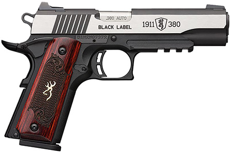 [023614851004] Browning 051971492 1911 Black Label Medallion Pro 380 ACP 8+1 4.25" Target Crown Barrel, Blackened w/Silver Polished Flats Serrated SS Slide, Matte Black Polymer Frame w/Beavertail  &  Picatinny Rail
