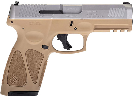[725327625711] Taurus 1G3B949T G3  Full Size Frame 9mm Luger 15+1/17+1 4" Matte Stainless Steel Barrel, Matte Serrated Stainless Steel Slide, Tan Polymer Frame w/Picatinny Rail, Tan Polymer Grip, Right Hand