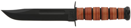 [617717212178] Ka-Bar 1217 USMC Fight/Utility 7" Fixed Clip Point Plain Black 1095 Cro-Van Blade. Brown Leather Handle. Includes Sheath