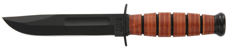 [617717212505] Ka-Bar 1250 Short USMC 5.25" Fixed Clip Point Plain Black 1095 Cro-Van Blade, Brown Leather Handle, Includes Sheath