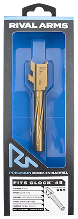 [788130030103] Rival Arms RA-RA20G801E Precision V1 Drop-In Barrel 9mm Luger 4.17" Gold PVD Finish 416R Stainless Steel Material for Glock 48
