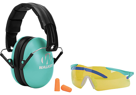 [888151019269] Walker's GWPYWFM2GFPLTL Folding Muff Combo 23 dB Over the Head Folding Muff, Foam Ear Plugs, Shooting Glasses Black/Teal Polymer Fits Youth/Women