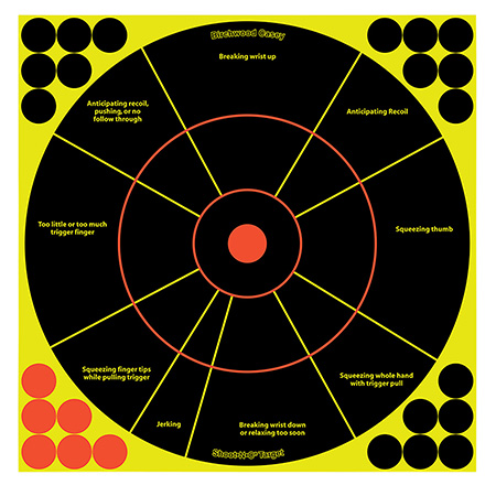 [029057340754] Birchwood Casey 34075 Shoot-N-C Reactive Target Self-Adhesive Paper Black/Yellow/Red 12" Bullseye 50 Pack *Worn, Damaged Pkg/Bagged