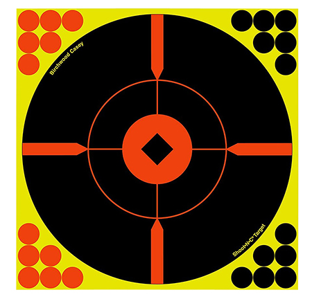 [029057340167] Birchwood Casey 34016 Shoot-N-C Reactive Target Self-Adhesive Paper Black/Yellow/Red 12" Bullseye 100 Pack