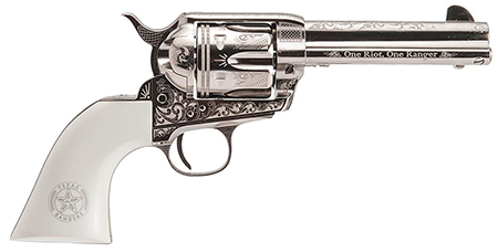 [844234129898] Cimarron PP410LNTXR Frontier Texas Ranger 45 Colt (LC) 6 Shot, 4.75" Engraved Nickel-Plated Steel Barrel, Cylinder  &  Frame, Engraved "One Riot, One Ranger" Ejector Rod, White Polymer Grip