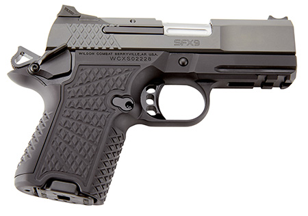 [810025505813] Wilson Combat SFX9SCR3A SFX9 Sub-Compact 9mm Luger 10+1 15+1 3.25" Stainless Steel Barrel, Black DLC Serrated Stainless Steel Slide, Black Aluminum Frame w/Beavertail  &  Picatinny Rail, Black G10 Grip