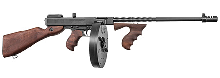 [602686211086] Thompson T1100D 1927A-1 Deluxe Carbine 45 ACP Caliber with 18" Barrel, 20+1 Capacity (Stick), 100+1 Capacity (Drum), Blued Metal Finish, American Walnut Stock Wood Grip Right Hand