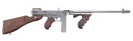 [602686214131] Thompson TI50DCR 1927A-1 Deluxe Carbine 45 ACP Caliber with 18" Barrel, 20+1 Capacity (Stick), 50+1 Capacity (Drum), Hard-Chrome Plated Metal Finish, American Walnut Stock Wood Grip Right Hand