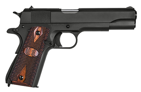 [602686422161] Auto-Ordnance 1911BKO9W 1911 A1 GI Spec 9mm Luger 9+1 5" Stainless Steel Barrel, Matte Black Serrated Carbon Steel Slide  &  Frame w/Beavertail, Checkered Wood w/Integrated US Logo Grip