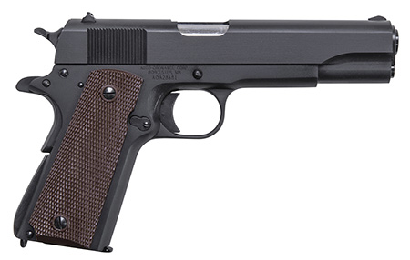 [602686253505] Auto-Ordnance 1911BKOMA 1911 A1 GI Spec *MA Compliant 45 ACP 7+1, 5" Stainless Steel Barrel, Matte Black Serrated Carbon Steel Slide  &  Frame w/Beavertail, Brown Checkered Polymer Grip