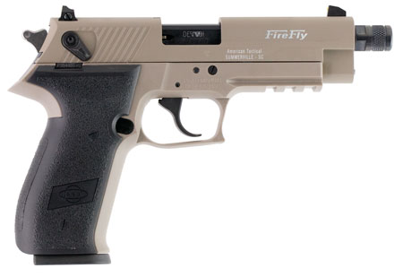 [813393019692] GSG GERG2210TFFT FireFly  22 LR 10+1 4.90" Black Steel/Threaded Barrel, Tan Serrated Slide  &  Zinc Alloy w/Accessory Rail Frame, Black Polymer Grip