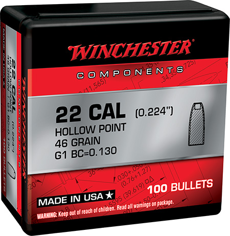 [020892633643] Winchester Ammo WB22HP46X Reloading Bullets  22Hornet 46gr Hollow Point 100 Per Box/10 Case