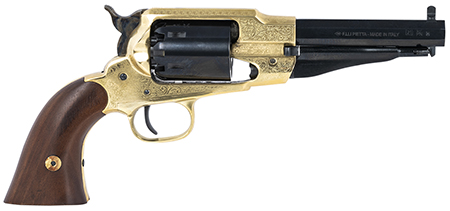 [641996730351] Pietta PF58BRE44512 1858 Sheriff 44 Cal 5.50" 6rd Brass Frame Engraved Brass Frame, Blued Engraved Cylinder, Blued Engraved Steel, Barrel Walnut Grip