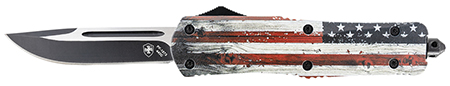 [093674807402] Templar Knife LWUS331 Gen II Wood US Flag Large 3.50" OTF Drop Point Plain Black Oxide Stonewashed 440C SS Blade, 5.25" Painted Wood Grain US Flag Aluminum Handle, Glass Breaker