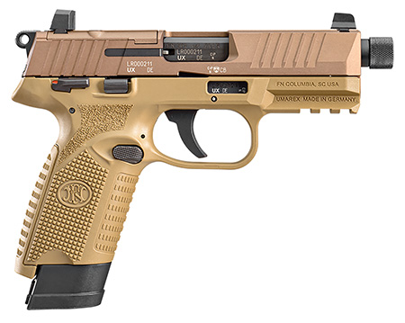 [845737013271] FN 66101009 502 Tactical 22 LR 10+1 4.60" Black Steel Threaded Barrel, Flat Dark Earth Optic Ready/Serrated Slide  &  Polymer Frame w/Picatinny Rail, FDE Textured Polymer Grip, Ambidextrous