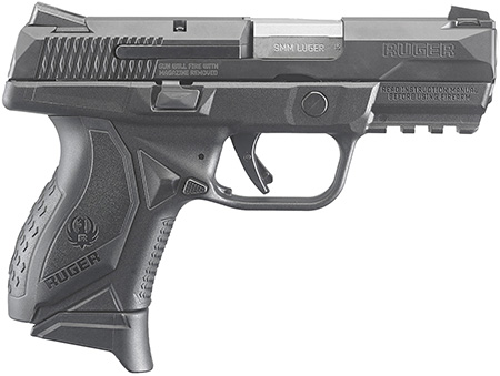 [736676086351] Ruger 8635 American  Compact Frame 9mm Luger 17+1 3.55" Stainless Steel Barrel, Black Nitride Serrated Stainless Steel Slide, Black Polymer Frame w/Picatinny Rail, Textured Wraparound Grip, Right Hand