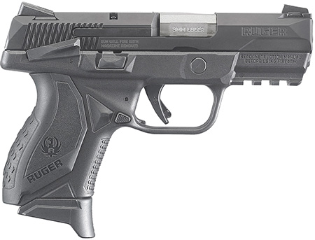 [736676086399] Ruger 8639 American  Compact 9mm Luger 17+1 3.55" Stainless Steel Barrel, Black Nitride Serrated Stainless Steel Slide, Black Polymer Frame w/Picatinny Rail, Textured Wraparound Grip, Right Hand