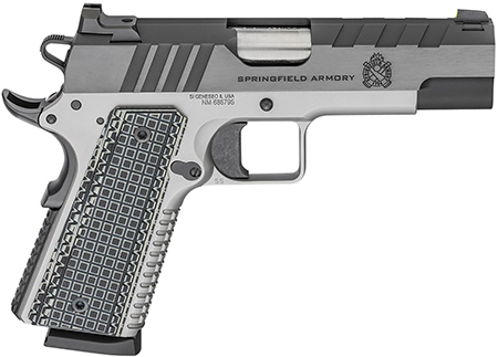 [706397934507] Springfield Armory PX9218L 1911 Emissary 45 ACP 8+1 4.25" Bull Barrel, Stainless Steel Frame w/Beavertail , Tri-Top Cut Blued Carbon Steel Slide, Black VZ Thin-Line G10 Grip