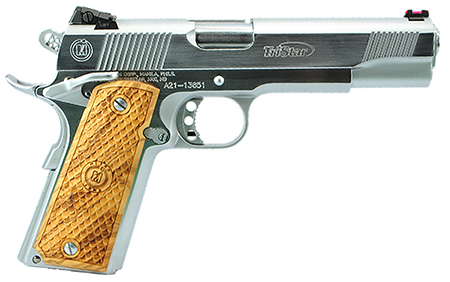 [713780856353] TriStar 85635 American Classic Trophy 1911 45 ACP 8+1, 5" Stainless Steel Barrel, Chrome Serrated Steel Slide, Chrome Steel Frame w/Beavertail, Wood Grip