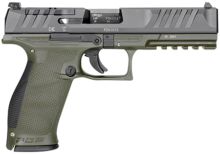 [723364227080] Walther Arms 2858363 PDP  9mm Luger 18+1 4.50" Black Polygonal Rifled Barrel, Black Optic Ready/Serrated Slide, Green Polymer Frame w/Picatinny Rail, Black Performance Duty Texture Grips, Ambidextrous