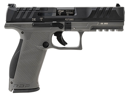 [723364227097] Walther Arms 2858371 PDP  9mm Luger 18+1 4.50" Black Polygonal Rifled Barrel, Black Optic Ready/Serrated Slide, Gray Polymer Frame w/Picatinny Rail, Black Performance Duty Texture Grips, Ambidextrous