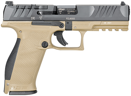 [723364227103] Walther Arms 2858380 PDP  9mm Luger 18+1 4.50" Black Polygonal Rifled Barrel, Black Optic Ready/Serrated Slide, Tan Polymer Frame w/Picatinny Rail, Black Performance Duty Texture Grips, Ambidextrous