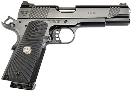 [811826025449] Wilson Combat CQBFS9 1911 CQB Full Size Frame 9mm Luger 10+1 5" Match Grade Barrel, Black Serrated Carbon Steel Slide, Black Armor-Tuff Carbon Steel Frame w/Beavertail, Black G10 Starburst Grip