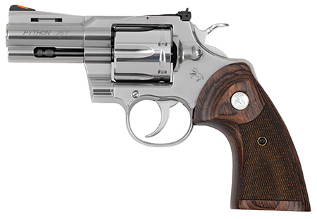[098289003355] Colt Mfg PYTHONSP3WTS Python  38 Special 357 Mag 6 Shot 3" Stainless Recessed Target/Vent Rib Barrel, Cylinder   &  Frame, Walnut w/Colt Medallion Grip