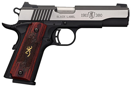 [023614443742] Browning 051912492 1911-380 Black Label Medallion Pro 380 ACP 8+1 4.25" Target Crown Barrel, Blackened w/Silver Polished Flats Serrated SS Slide, Matte Black Polymer Frame  w/Beavertail