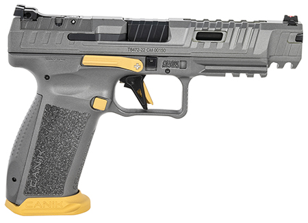 [787450766334] Canik HG6610TN SFx Rival Full Size 9mm Luger 18+1, 5" Black Steel Barrel, Rival Gray Ported/Serrated Slide, Rival Gray w/Gold Accents Polymer Frame w/Beavertail  &  Picatinny Rail, Ambidextrous