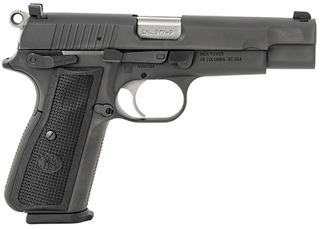 [845737013585] FN 66100256 High Power  9mm Luger 17+1, 4.70" Black Target Crown Steel Barrel, Black PVD Serrated Steel Slide  &  Steel Frame w/Beavertail, Black Textured Polymer Grip, Ambidextrous