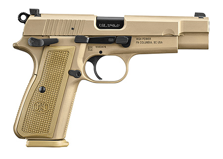 [845737013608] FN 66101069 High Power  9mm Luger 17+1, 4.70" Black Target Crown Steel Barrel, Flat Dark Earth PVD Serrated Steel Slide  &  Steel Frame w/Beavertail, FDE Textured Polymer Grip, Ambidextrous